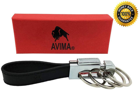 AVIMA Premium Elegant Classic Casual Durable Stylish Genuine Leather Strap Valet Key Chain Car Key Keyring Key Fob with 4 Detachable Key Rings, Black
