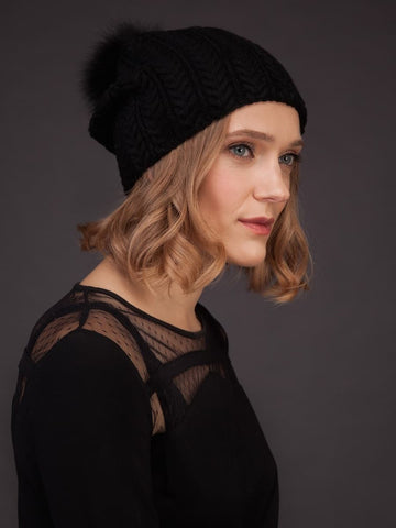 Knitted Black Cashmere Beanie Hat With Fox Fur Pom Pom