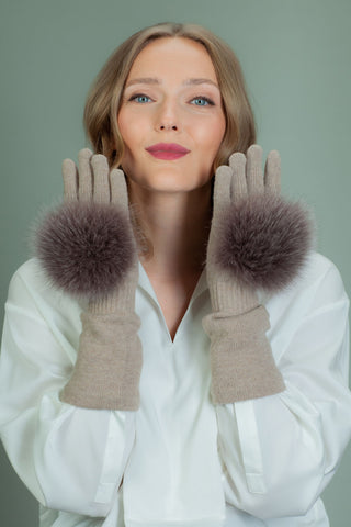 Long Beige Cashmere Gloves with Brown Fox Fur Decoration