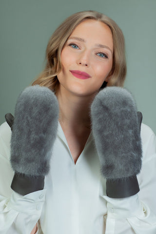 Dark Gray Sheepskin & Blue Iris Mink Fur Mittens for Women