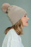 Knit Slouchy Beige Cashmere & Merino Wool Hat with Fox Fur Pom-Pom