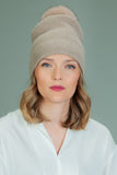 Knit Slouchy Beige Cashmere & Merino Wool Hat with Fox Fur Pom-Pom