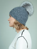Handknit Gray Merino & Mohair Wool Hat with Detachable Fox Fur Pom-Pom