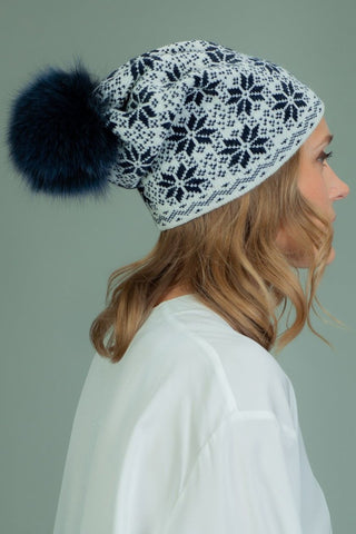 Slouchy Wool Hat with Fur Pom-Pom with Dark Blue Star Pattern