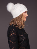 White Cashmere Hat With Natural Fox Fur Pom Pom