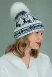 Wool Hat with Fur Pom-Pom in Dark Blue Santa Deer Pattern