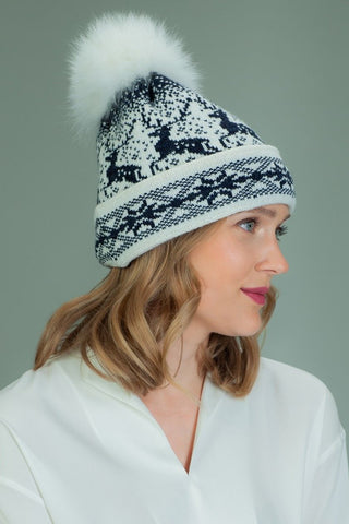 Wool Hat with Fur Pom-Pom in Dark Blue Santa Deer Pattern