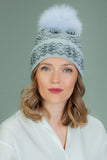 Slouchy Knit Wool Hat with Fur Pom-Pom in Gray Star Pattern