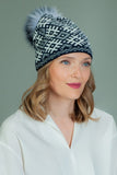 Knit Wool Beanie Hat With Fox Fur Pom-Pom in White Star Pattern in Dark Blue Background