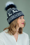 Knit Wool Hat with Fur Pom-Pom in White Santa Deer Pattern